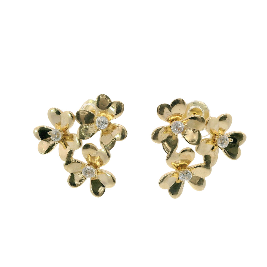 14KT Gold Earrings Small Triple Heart Petal Flower with White CZ Stone Center, Push Back Post, and Butterfly Backs