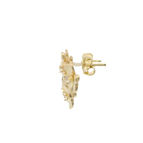 14KT Gold Earrings Small Triple Heart Petal Flower with White CZ Stone Center, Push Back Post, and Butterfly Backs