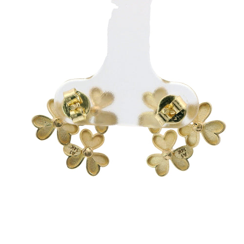 14KT Gold Earrings Small Triple Heart Petal Flower with White CZ Stone Center, Push Back Post, and Butterfly Backs