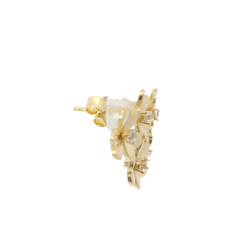 14KT Gold Earrings Small Triple Heart Petal Flower with White CZ Stone Center, Push Back Post, and Butterfly Backs