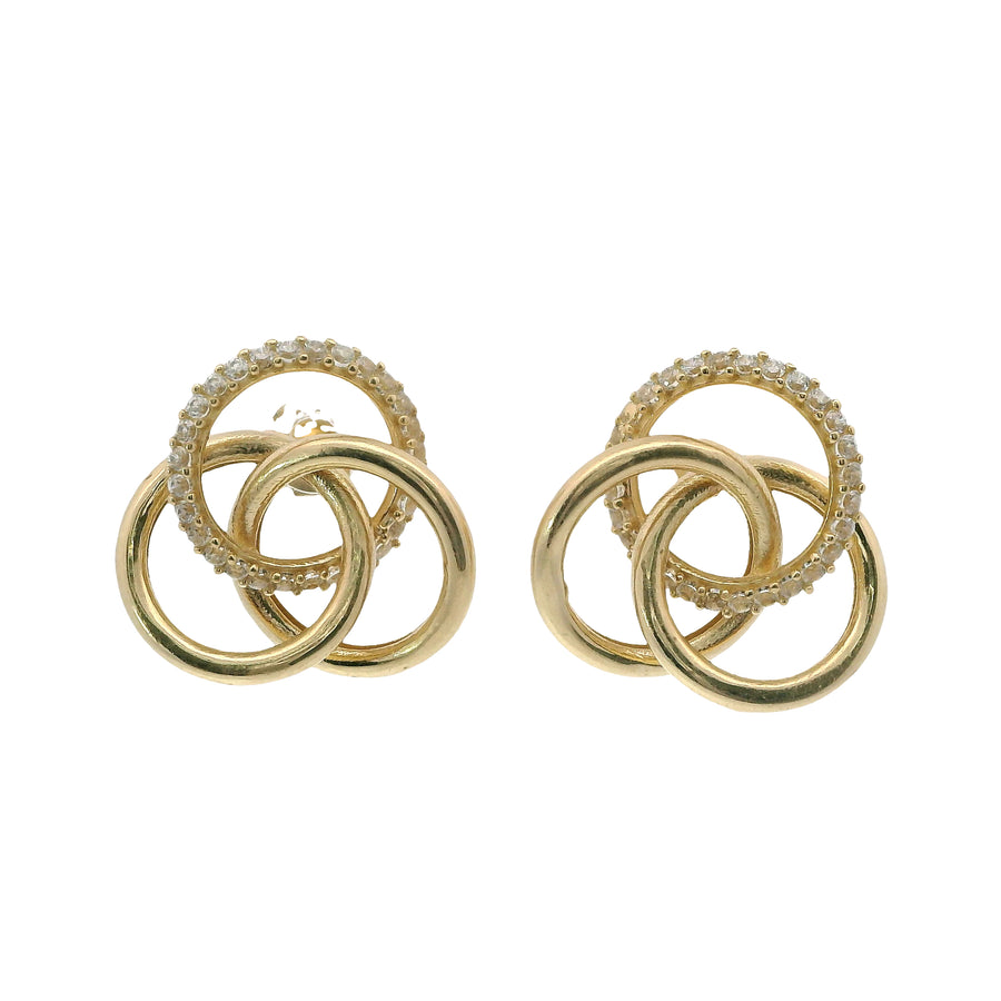 14KT Gold Earrings Small Borromean / Triskelion Triple Interlocking White CZ Stones Rings with Push Back Post and Butterfly Backs