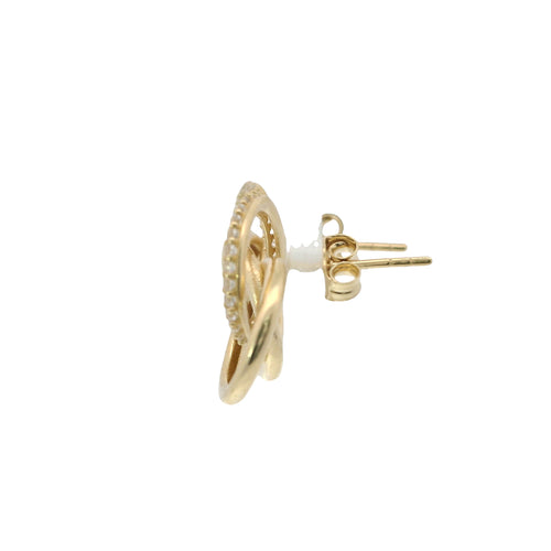 14KT Gold Earrings Small Borromean / Triskelion Triple Interlocking White CZ Stones Rings with Push Back Post and Butterfly Backs