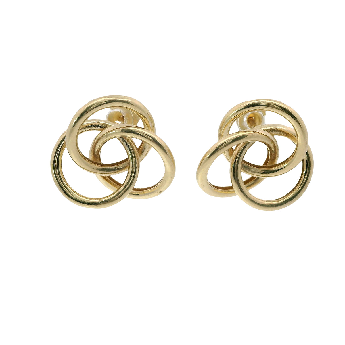 14KT Gold Earrings Small Borromean / Triskelion Triple Interlocking Rings with Push Back Post and Butterfly Backs