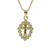 14KT Gold Charm Small Plain Center Cross with White CZ Stones Pointed Oval Border and Plain Band