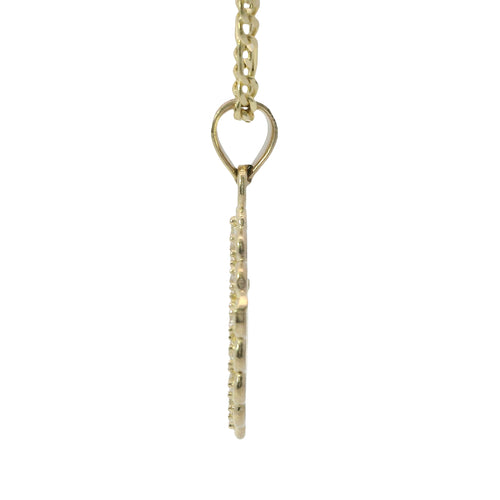 14KT Gold Charm Small Plain Center Cross with White CZ Stones Pointed Oval Border and Plain Band