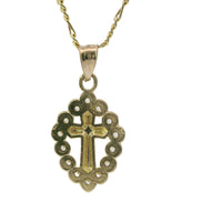 14KT Gold Charm Small Plain Center Cross with White CZ Stones Pointed Oval Border and Plain Band
