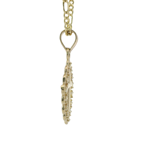 14KT Gold Charm Small Plain Center Cross with White CZ Stones Pointed Oval Border and Plain Band
