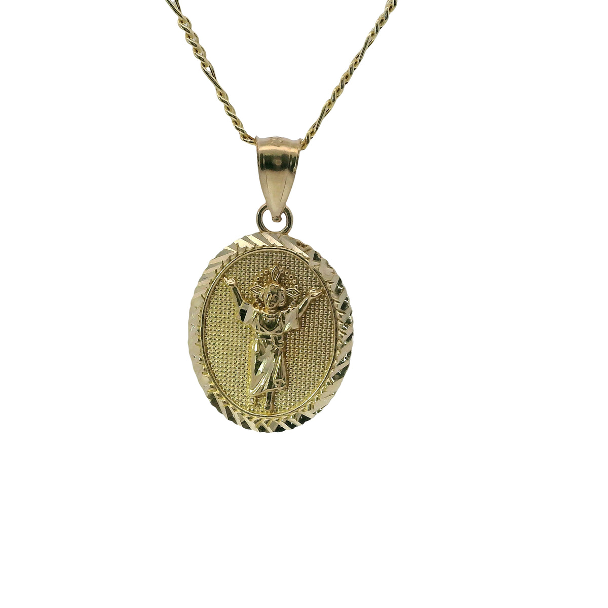 14KT Gold Charm Small Oval Angel Coin with Diamond Cut Border and Plain Bell