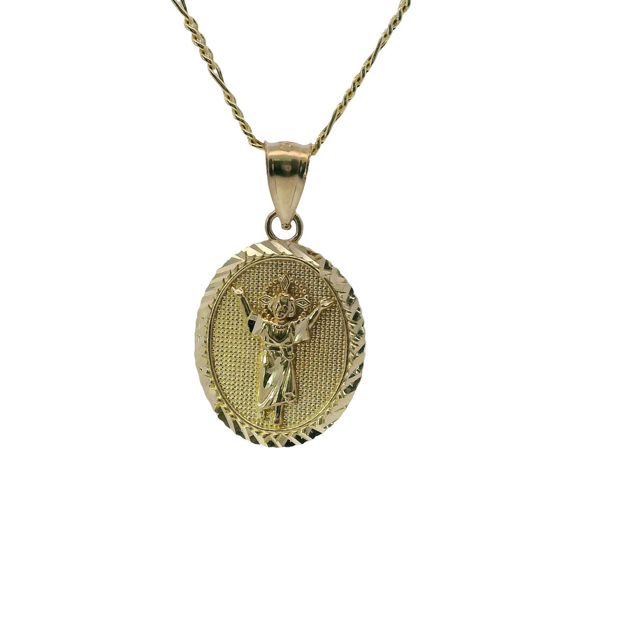 14KT Gold Charm Small Oval Angel Coin with Diamond Cut Border and Plain Bell