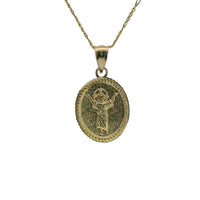 14KT Gold Charm Small Oval Angel Coin with Diamond Cut Border and Plain Bell