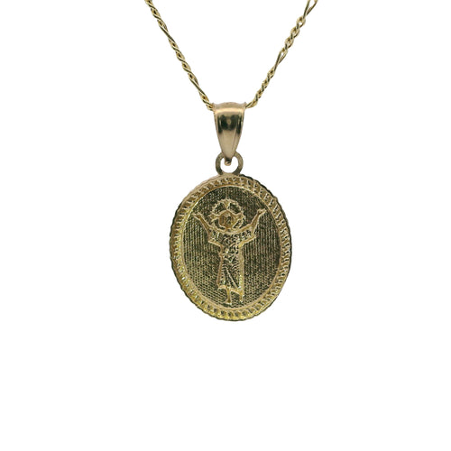 14KT Gold Charm Small Oval Angel Coin with Diamond Cut Border and Plain Bell