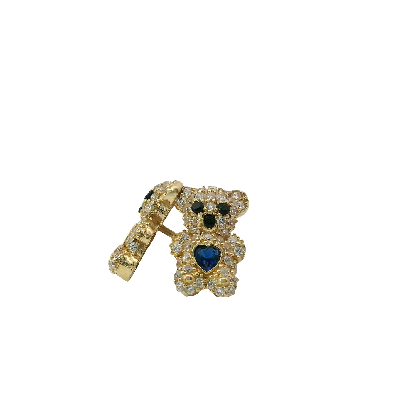 14KT Gold Earring Small White CZ Stones Teddy Bear with Black CZ Stones Eyes, Navy Blue Heart CZ Stone Belly, Push Back Post, and Butterfly Backs