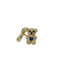 14KT Gold Earring Small White CZ Stones Teddy Bear with Black CZ Stones Eyes, Navy Blue Heart CZ Stone Belly, Push Back Post, and Butterfly Backs