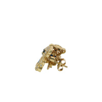 14KT Gold Earring Small White CZ Stones Teddy Bear with Black CZ Stones Eyes, Navy Blue Heart CZ Stone Belly, Push Back Post, and Butterfly Backs