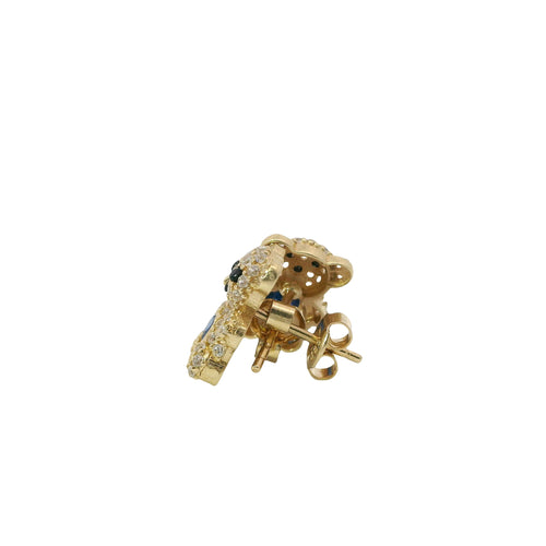 14KT Gold Earring Small White CZ Stones Teddy Bear with Black CZ Stones Eyes, Navy Blue Heart CZ Stone Belly, Push Back Post, and Butterfly Backs