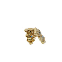 14KT Gold Earring Small White CZ Stones Teddy Bear with Black CZ Stones Eyes, Navy Blue Heart CZ Stone Belly, Push Back Post, and Butterfly Backs