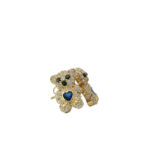 14KT Gold Earring Small White CZ Stones Teddy Bear with Black CZ Stones Eyes, Navy Blue Heart CZ Stone Belly, Push Back Post, and Butterfly Backs