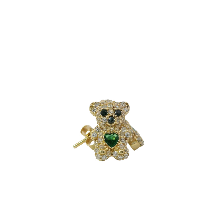 14KT Gold Earring Small White CZ Stones Teddy Bear with Black CZ Stones Eyes, Dark Green Heart CZ Stone Belly, Push Back Post, and Butterfly Backs