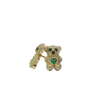 14KT Gold Earring Small White CZ Stones Teddy Bear with Black CZ Stones Eyes, Dark Green Heart CZ Stone Belly, Push Back Post, and Butterfly Backs