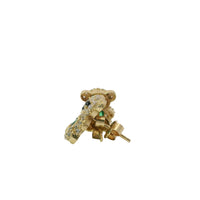 14KT Gold Earring Small White CZ Stones Teddy Bear with Black CZ Stones Eyes, Dark Green Heart CZ Stone Belly, Push Back Post, and Butterfly Backs