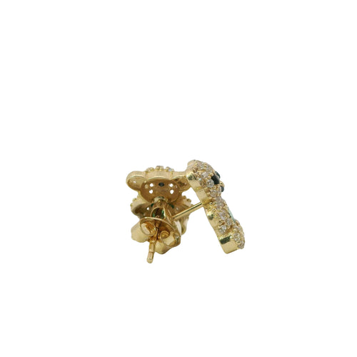 14KT Gold Earring Small White CZ Stones Teddy Bear with Black CZ Stones Eyes, Dark Green Heart CZ Stone Belly, Push Back Post, and Butterfly Backs
