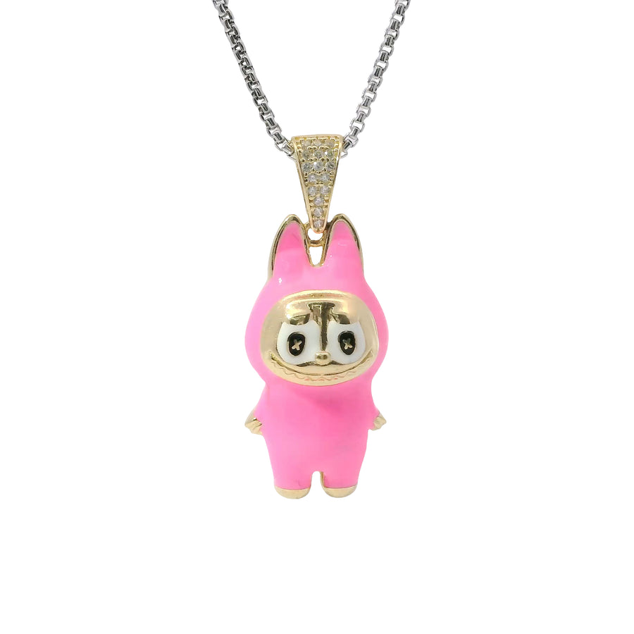 14KT Gold Charm Small 3D Hot Pink Enamel LaBuBu Body, White Enamel Eyes, and White CZ Stones Bell
