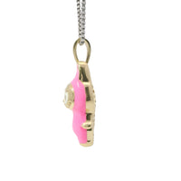 14KT Gold Charm Small 3D Hot Pink Enamel LaBuBu Body, White Enamel Eyes, and White CZ Stones Bell