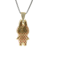 14KT Gold Charm Small 3D Hot Pink Enamel LaBuBu Body, White Enamel Eyes, and White CZ Stones Bell