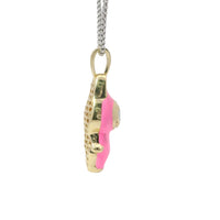 14KT Gold Charm Small 3D Hot Pink Enamel LaBuBu Body, White Enamel Eyes, and White CZ Stones Bell