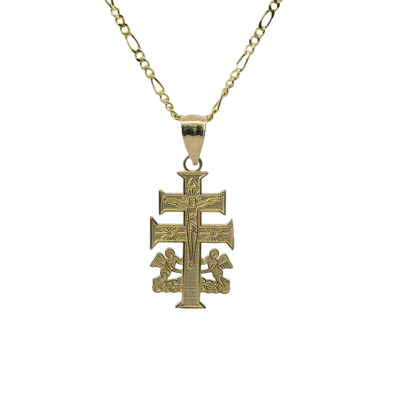 14KT Gold Charm Small Flat Caravaca Crucifix Cross with Plain Bell