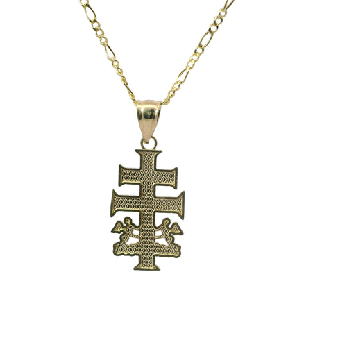 14KT Gold Charm Small Flat Caravaca Crucifix Cross with Plain Bell