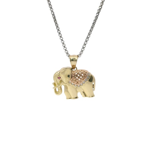 14KT Gold Charm Small Tri Tone Elephant with Pink Eye and Rose Gold Pointed Blanket Plain Bell