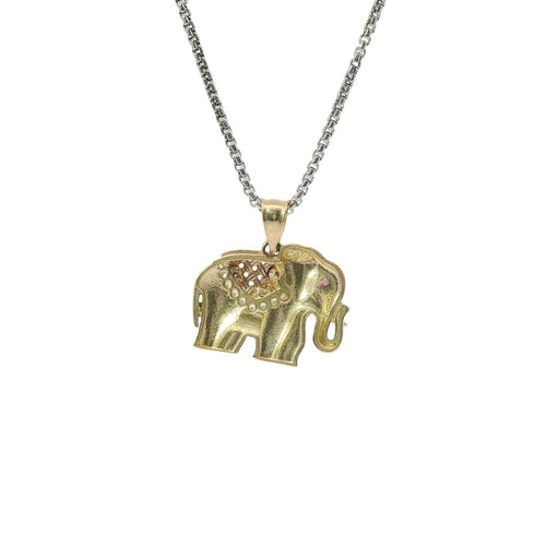 14KT Gold Charm Small Tri Tone Elephant with Pink Eye and Rose Gold Pointed Blanket Plain Bell