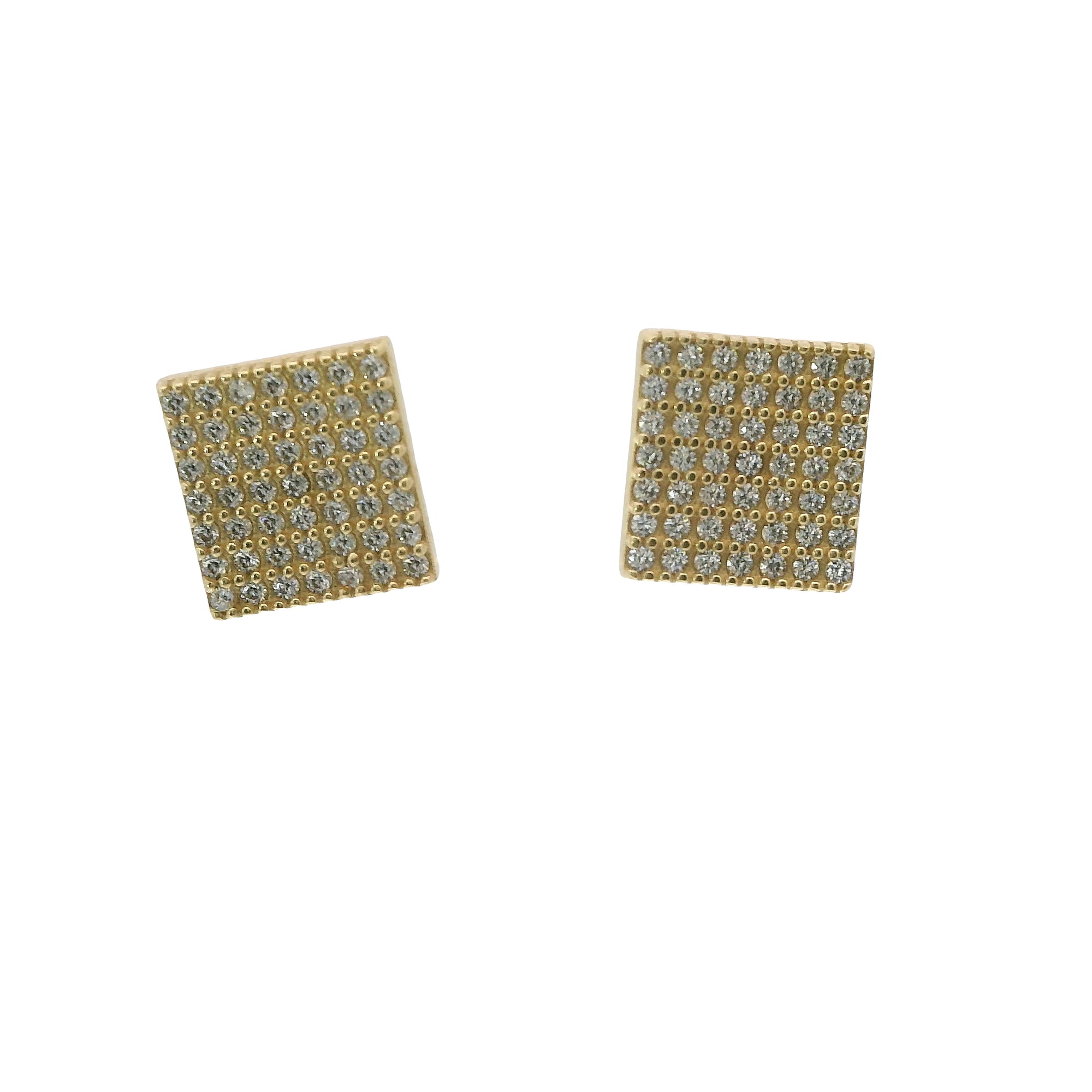 14KT Gold Earring Small Square White CZ Stones Cluster with Push Back Post and Butterfly Backs