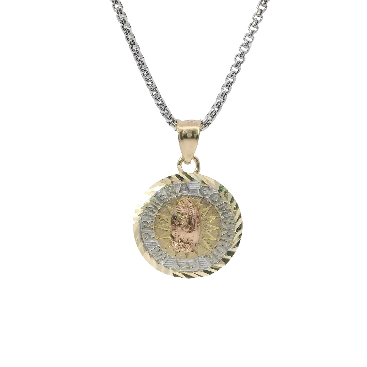 14KT Gold Charm Small Tri Tone "Mi Primera Communion" Communion Coin with Diamond Cut Edge and Plain Bell