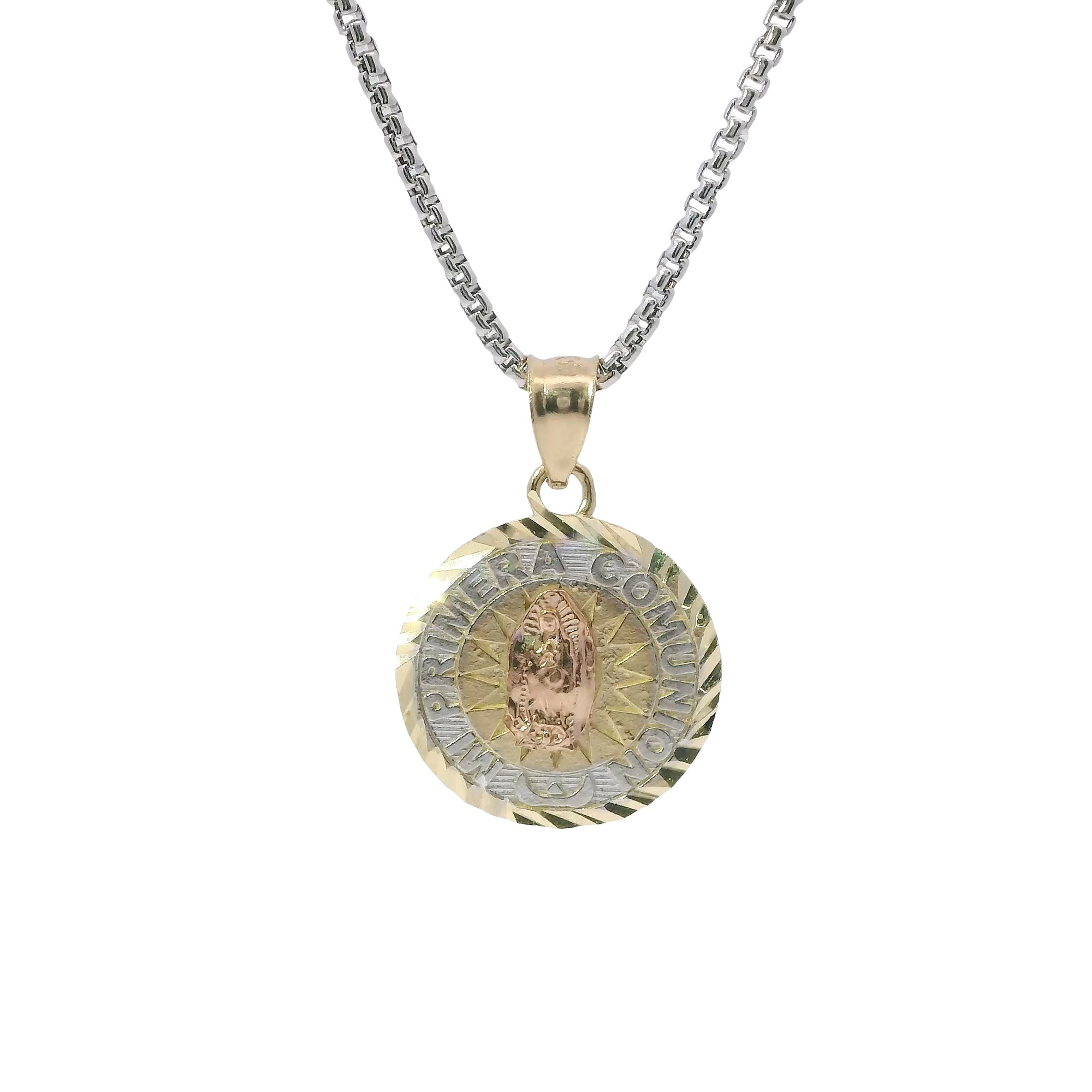 14KT Gold Charm Small Tri Tone "Mi Primera Communion" Communion Coin with Diamond Cut Edge and Plain Bell