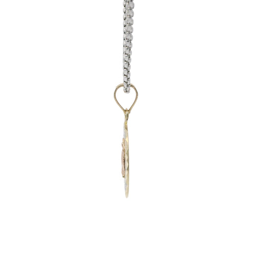 14KT Gold Charm Small Tri Tone "Mi Primera Communion" Communion Coin with Diamond Cut Edge and Plain Bell
