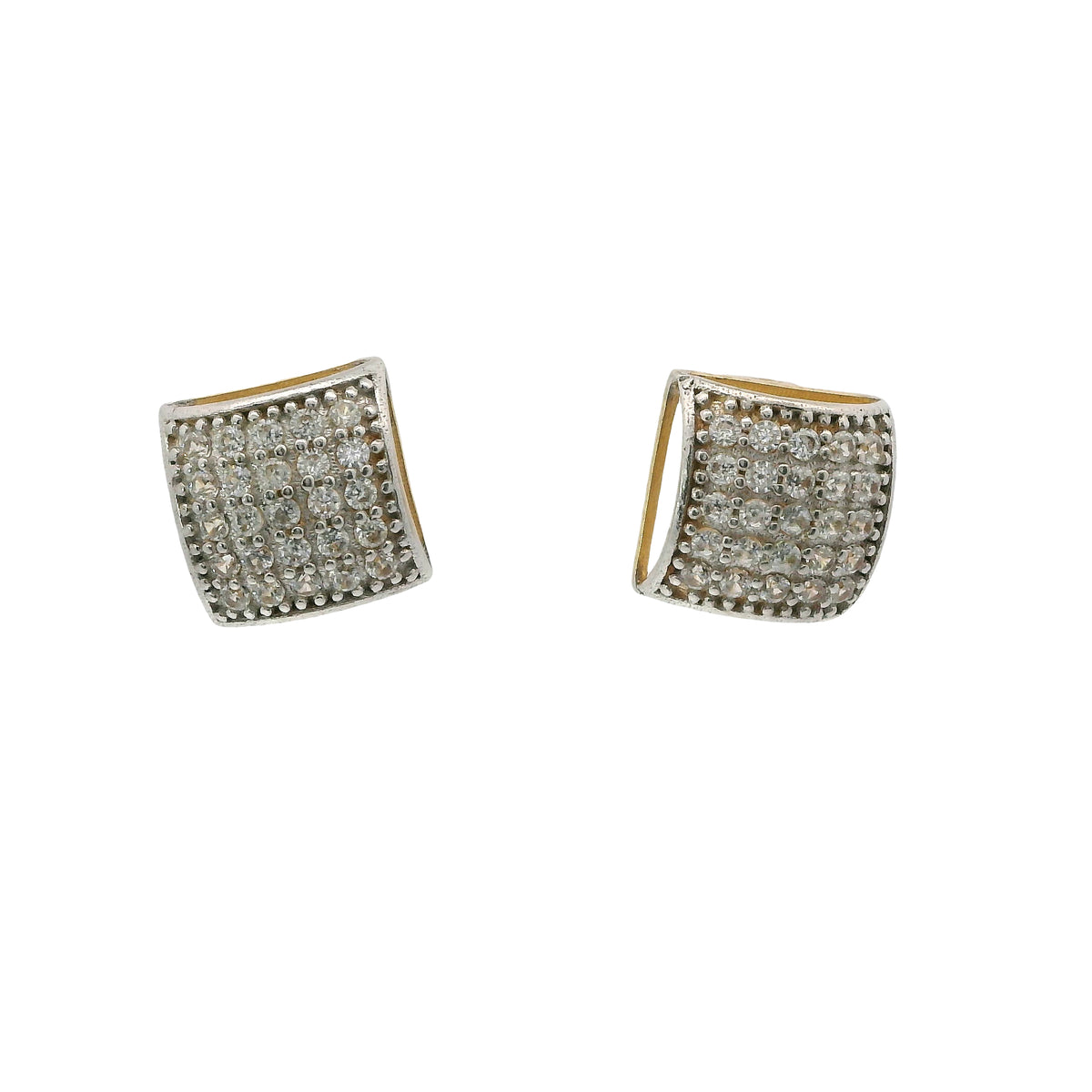 14KT Gold Earring Small Two Tone Curved Square White CZ Stones Cluster with Push Back Post and Butterfly Backs
