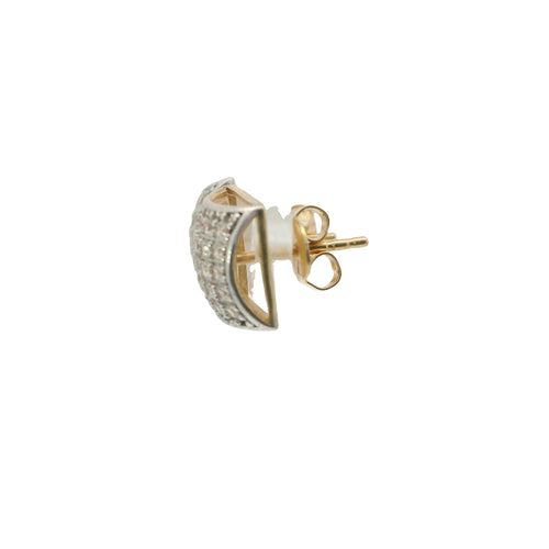 14KT Gold Earring Small Two Tone Curved Square White CZ Stones Cluster with Push Back Post and Butterfly Backs