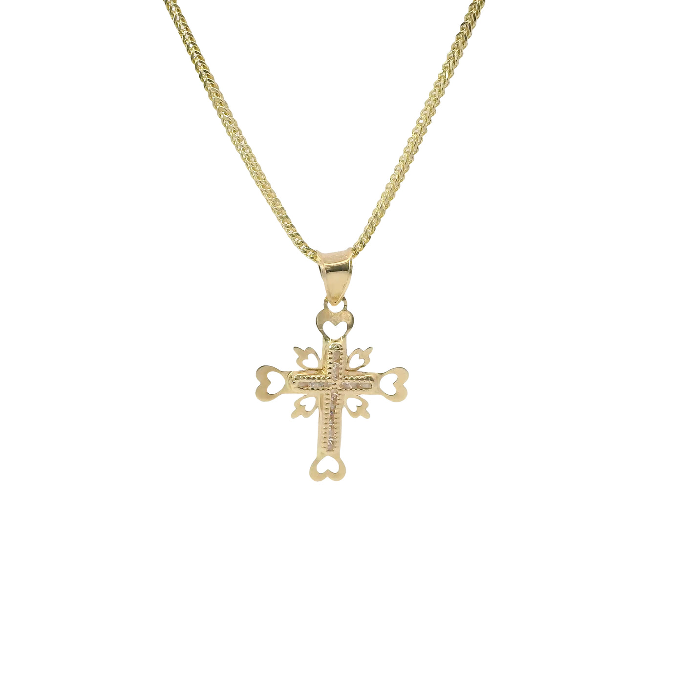 14KT Gold Charm Small White CZ Stones Cross Center with Open Heart Cutout Ends Border and Plain Bell