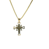 14KT Gold Charm Small White CZ Stones Cross Center with Open Heart Cutout Ends Border and Plain Bell