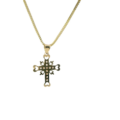 14KT Gold Charm Small White CZ Stones Cross Center with Open Heart Cutout Ends Border and Plain Bell
