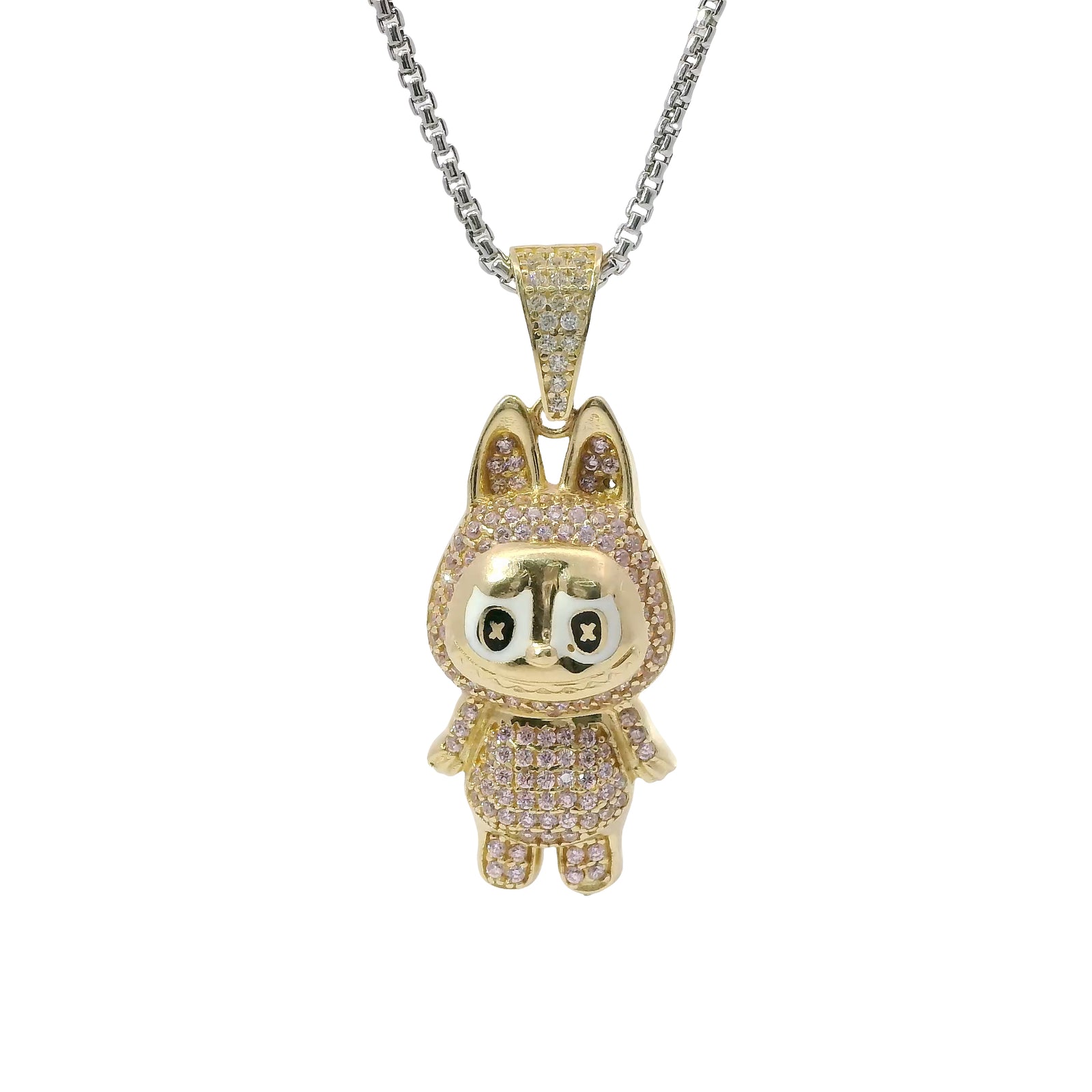 14KT Gold Charm Small 3D Pink CZ Stones LaBuBu Body, White Enamel Eyes, and White CZ Stones Bell