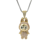 14KT Gold Charm Small 3D Pink CZ Stones LaBuBu Body, White Enamel Eyes, and White CZ Stones Bell