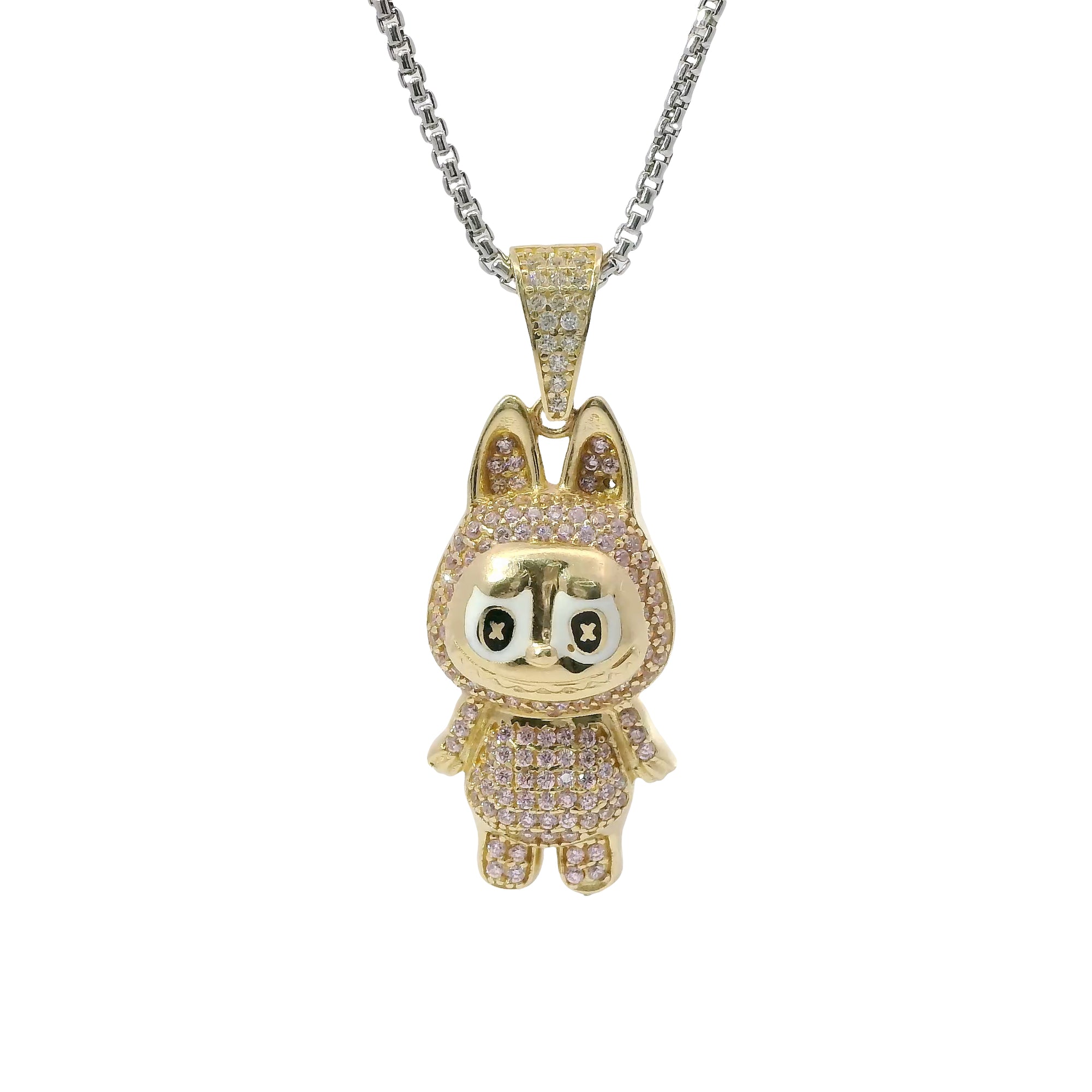 14KT Gold Charm Small 3D Pink CZ Stones LaBuBu Body, White Enamel Eyes, and White CZ Stones Bell
