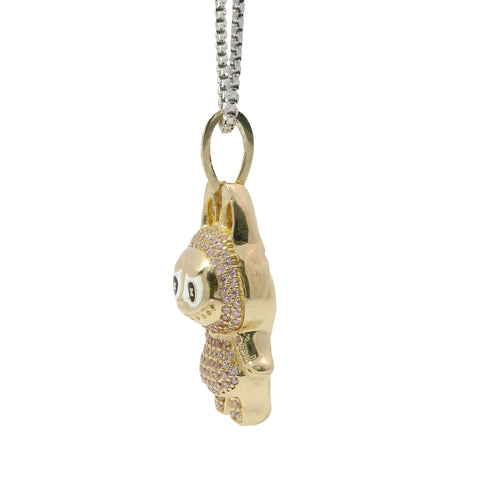 14KT Gold Charm Small 3D Pink CZ Stones LaBuBu Body, White Enamel Eyes, and White CZ Stones Bell