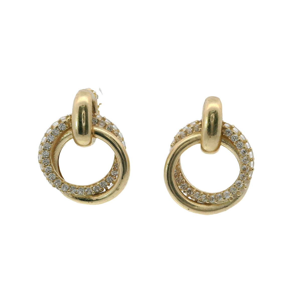 14KT Gold Earrings Medium Round Two Strand Open Center Dangling Interlocking White CZ Stones Rings with Plain Bar, Push Back Post, and Butterfly Backs