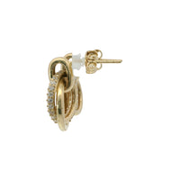 14KT Gold Earrings Medium Round Two Strand Open Center Dangling Interlocking White CZ Stones Rings with Plain Bar, Push Back Post, and Butterfly Backs