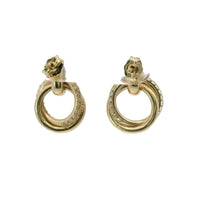 14KT Gold Earrings Medium Round Two Strand Open Center Dangling Interlocking White CZ Stones Rings with Plain Bar, Push Back Post, and Butterfly Backs