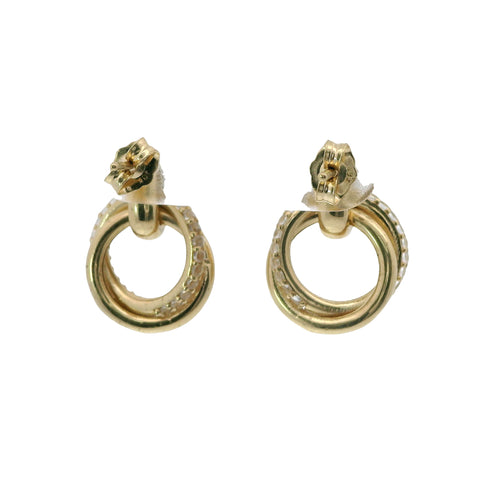 14KT Gold Earrings Medium Round Two Strand Open Center Dangling Interlocking White CZ Stones Rings with Plain Bar, Push Back Post, and Butterfly Backs